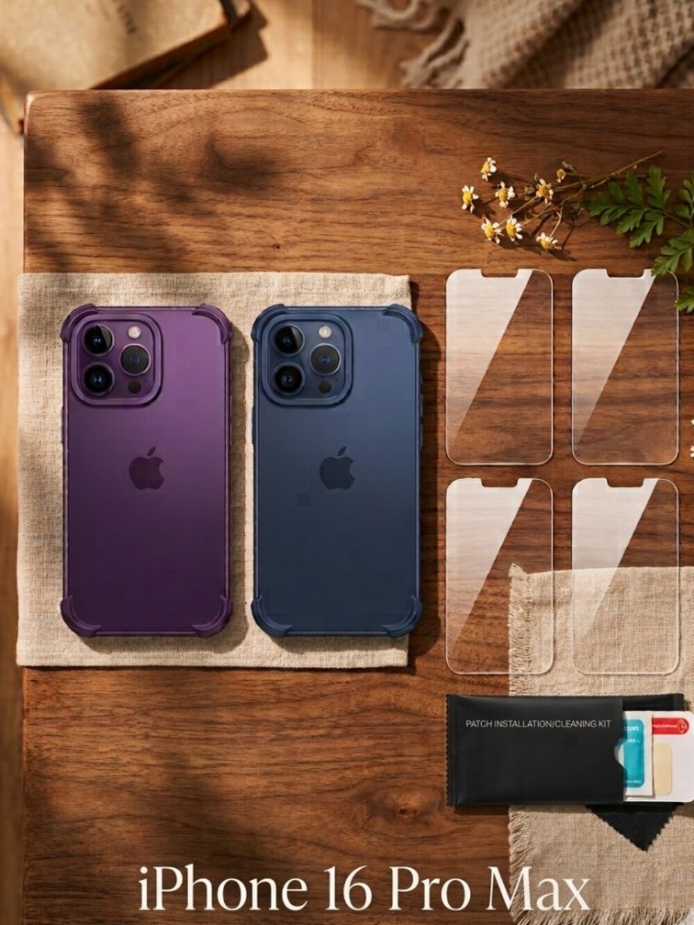 BUNDLE: iPhone 16 Pro Max Case- Purple & Blue Shockproof Cases with 4x Tempere